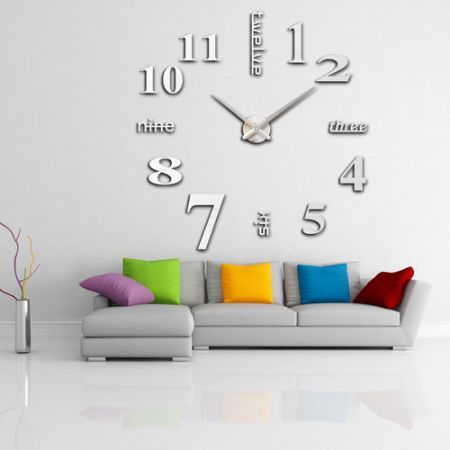 Modern DIY Wall Clock Creative Large Watch Decor Stickers Set Mirror Effect Acrylic Glass Decal Home Removable Decoration Silver