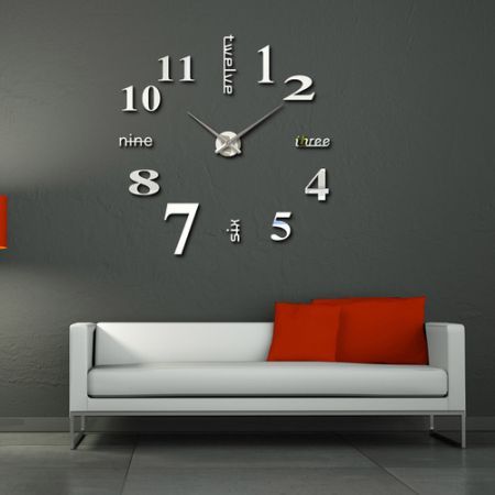 Modern DIY Wall Clock Creative Large Watch Decor Stickers Set Mirror Effect Acrylic Glass Decal Home Removable Decoration Silver