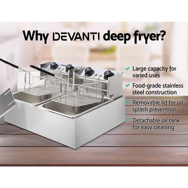 Devanti Electric Commercial Deep Fryer Twin Frying Basket Chip Cooker Kitchen