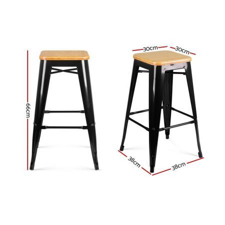 Set of 2 Replica Tolix Kitchen Bar Stool Bamboo Seat 66cm - Black