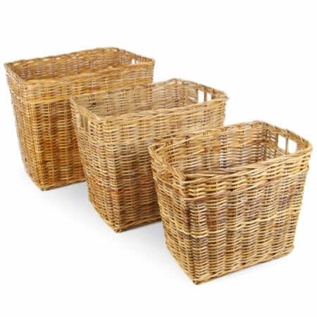 Deep Rectangular Rattan Storage Boxes - Set of 3, Light Brown