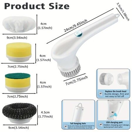5 in 1 Handheld Electric Cleaning Brush Suitable For Kitchen, Bathroom Tub,  Shower Tile, Carpet Bidet, Cordless Spin Scrubber