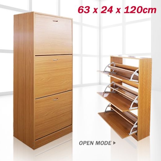 Wooden Shoe Storage Cabinet - 3 Racks, Beige