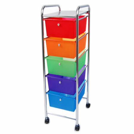 5 Coloured Plastic Drawers and Chrome Trolley | Crazy Sales