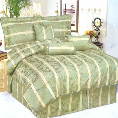 Queen Size Green 7 Piece Comforter Set with Gold Jacquar