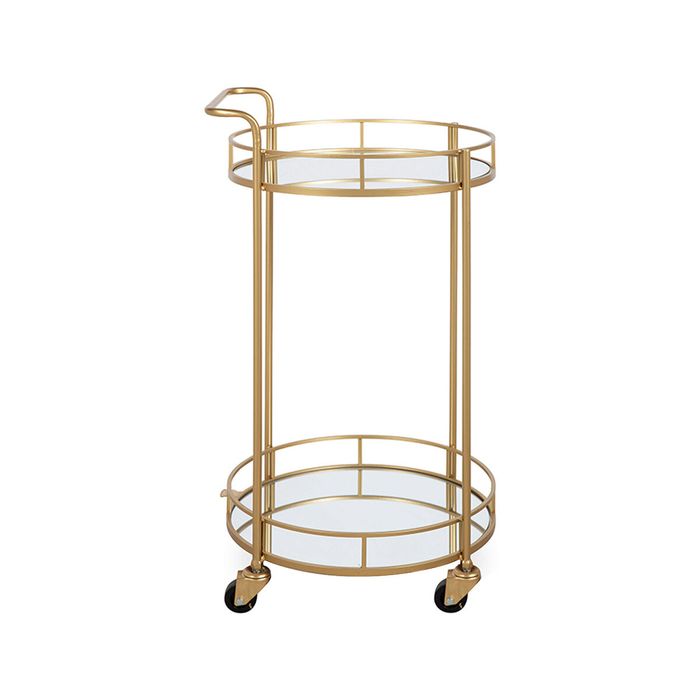 Round Gold Bar Cart Rolling Serving Drinks Metal Trolley Tea Wine ...