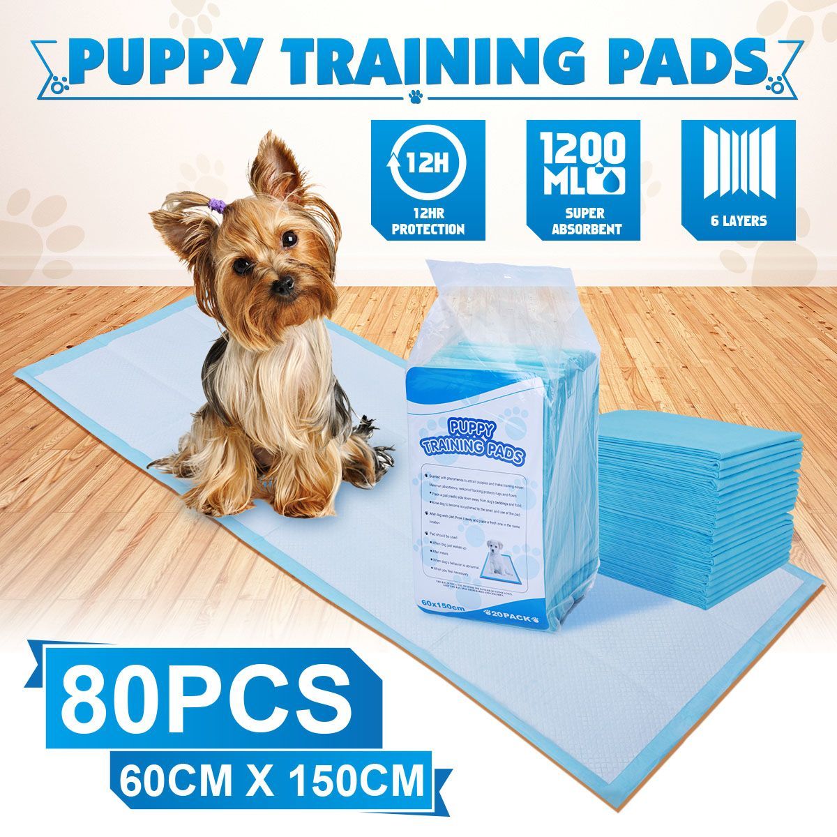 Pack of 80PCs 60 cm x 150 cm Puppy Training Pads for Puppies & Indoor Dogs