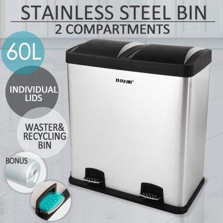 Modern 60L Dual Compartment Stainless Steel Garbage Bin
