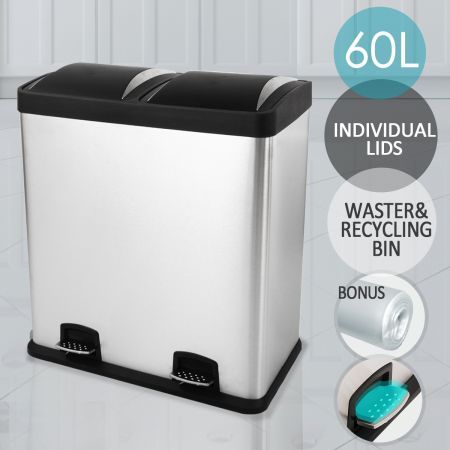 Modern 60L Dual Compartment Stainless Steel Garbage Bin | Crazy Sales