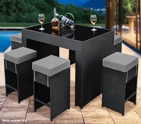 7 Piece Wicker Patio Bar Set - Grey Cushions