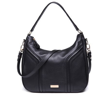 Medium Black Leather Hobo Zip Top Handbag