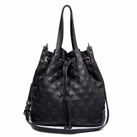 Black PU Leather Drawstring Handbag
