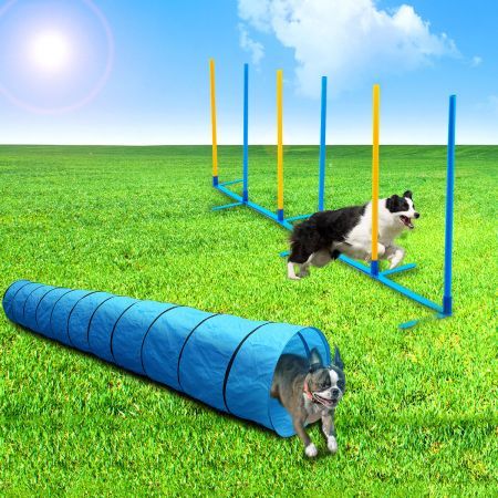 2 Piece Dog Agility Training Practice Exercise Tunnel Weave Poles Posts Combo Set