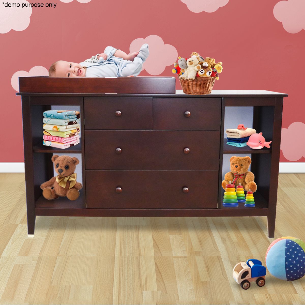 3In1 Walnut Baby Cot & Baby Changing Table with Drawers