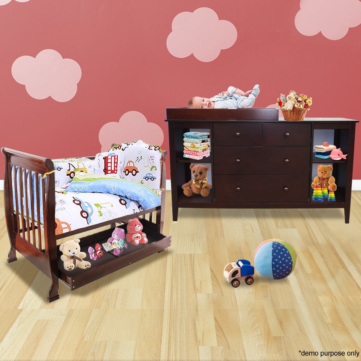 3In1 Walnut Baby Cot & Baby Changing Table with Drawers Walnut