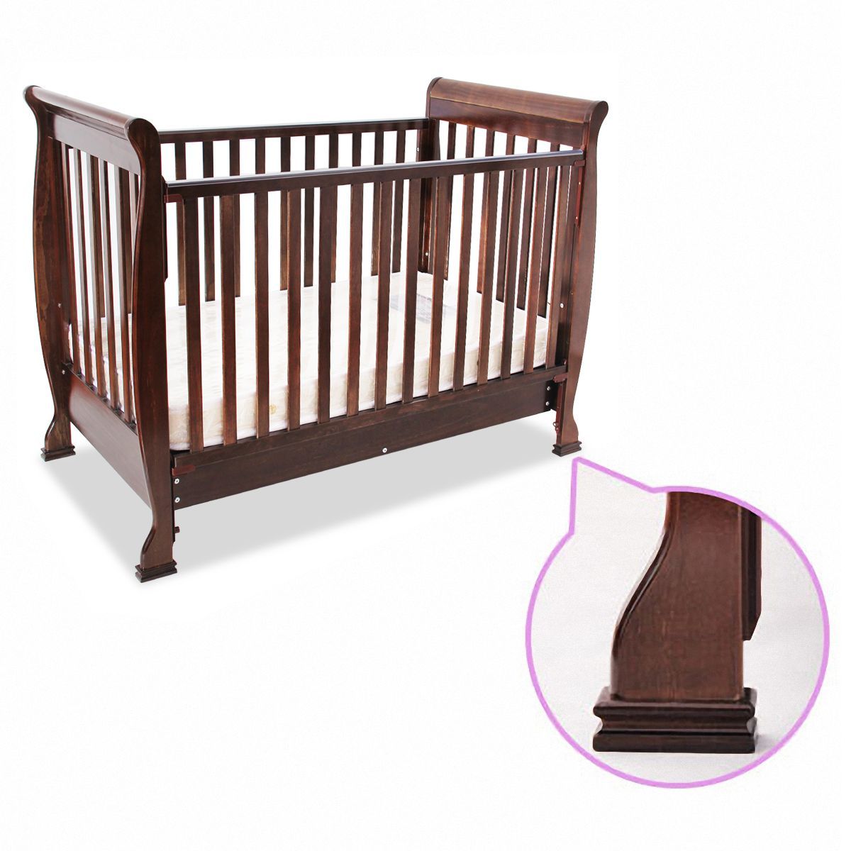 3In1 Walnut Baby Cot & Baby Changing Table with Drawers