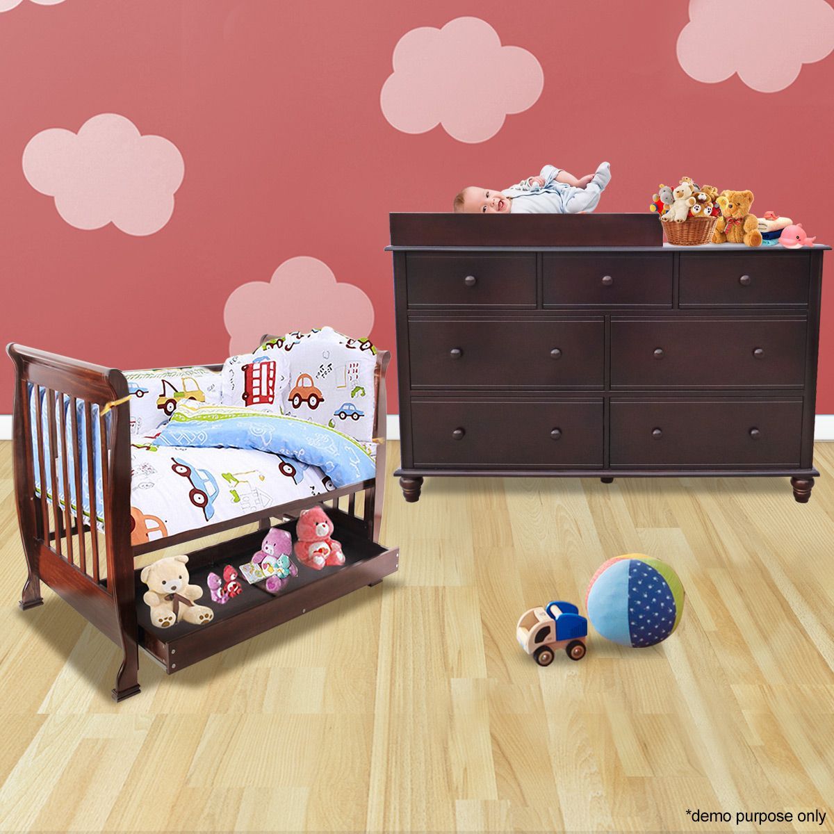 3In1 Walnut Baby Cot & Baby Changing Walnut Table Unit