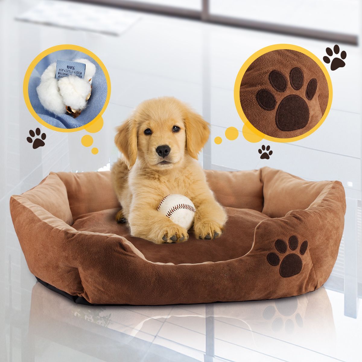 Soft Round Faux Suede Medium M Pet Bed with Paw Print Design - Brown