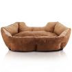 Soft Round Faux Suede Medium M Pet Bed with Paw Print Design - Brown