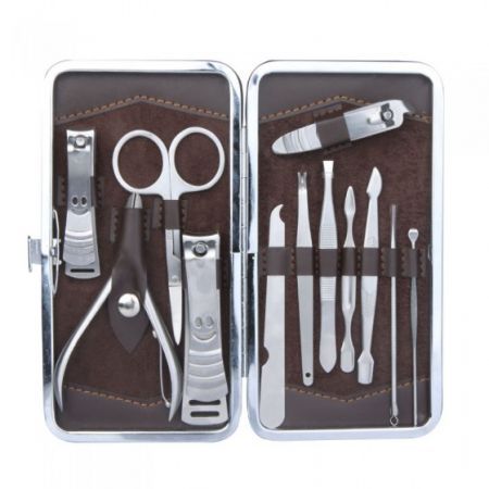 LUD 12pcs Manicure Pedicure Set Nail Care Scissors Clippers Tool Grooming Kit with Leather Case Tweezer Earpick Stainless Steel