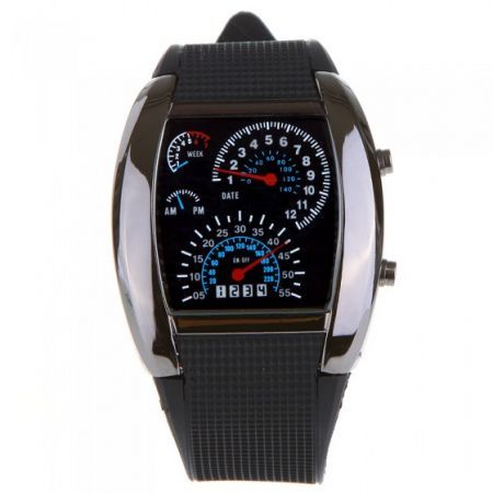 Cool Car Meter Dial Unisex Blue Flash Dot Matrix LED Racing Watch Black