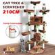 Cat Scratching Tree Condo Climbing Scratcher Posts Poles Tower Modern Pet Play House Furniture Multi Levels 2.1m Tall Brown