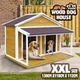 Petscene Dog Kennel XXL Wooden Pet House with 2 Doors 2 Living Rooms Porch Curtains Raised Floor