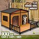Petscene Wooden Dog Kennel XXL 2-Door Timber Pet House with Patio Curtain Openable Gable Roof Raised Floor