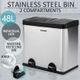 Modern 48 Litre Rectangle Pedal Rubbish Bin with Stainless Steel Body & Plastic Flip-Top Lids - 2 Separate Compartment