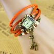 Vintage Male Female Wrist Watch Bracelet Leather Strap Knit Wrap Around Quartz With Giraffe Pendant Orange