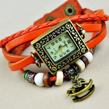 Vintage Male Female Wrist Watch Bracelet Leather Strap Knit Wrap Around Quartz With Horse Pendant Orange