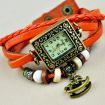 Vintage Male Female Wrist Watch Bracelet Leather Strap Knit Wrap Around Quartz With Horse Pendant Orange