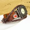Vintage Bohemian Style Orange Gem Carve Pattern Bracelet Leather Strap Knit Wrap Around Quartz Wrist Watch