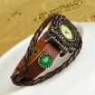 Vintage Bohemian Style Emerald Gem Carve Pattern Bracelet Leather Strap Knit Wrap Around Quartz Wrist Watch