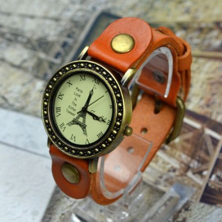 Vintage Punk Male Female Orange Bracelet Leather Strap Knit Wrap Around Quartz Wrist Watch