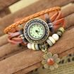 Vintage Male Female Orange Flower Pattern Bracelet Leather Strap Knit Wrap Around Quartz Wrist Watch