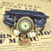 Vintage Male Female Black Flower Pattern Bracelet Leather Strap Knit Wrap Around Quartz Wrist Watch