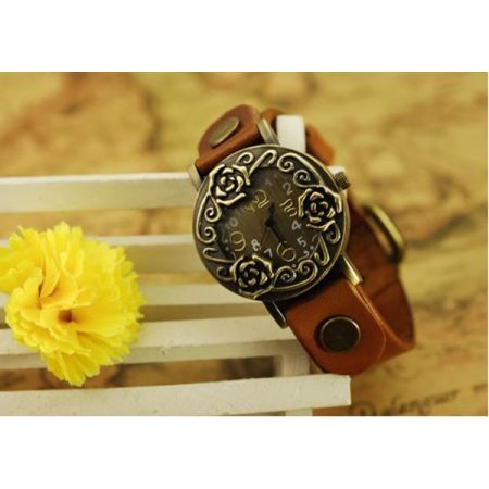 Women's Orange Watchband Delicate All Match Rose carving Wrap Around Leather Wrist Watch