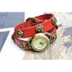 Vintage Male Female Rose Rivet Pattern Red Leather Bracelet Quartz Wrist Watch