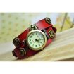 Vintage Male Female Rose Rivet Pattern Red Leather Bracelet Quartz Wrist Watch