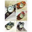Vintage Male Female Rose Rivet Pattern Red Leather Bracelet Quartz Wrist Watch