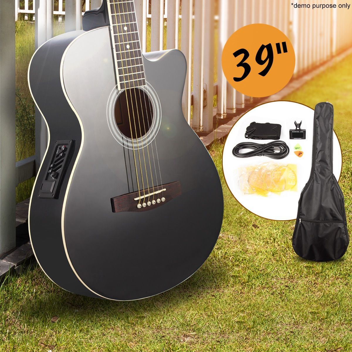 Black Colour 39" Cutaway Steel String Electric Acoustic Guitar with