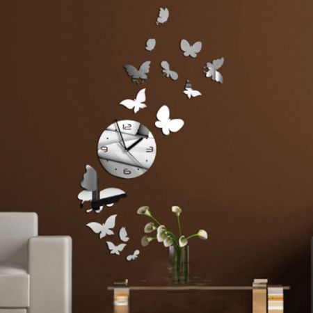 DIY Silver Mirror Clock Wall Sticker Butterfly Decal Movement Clock Decors