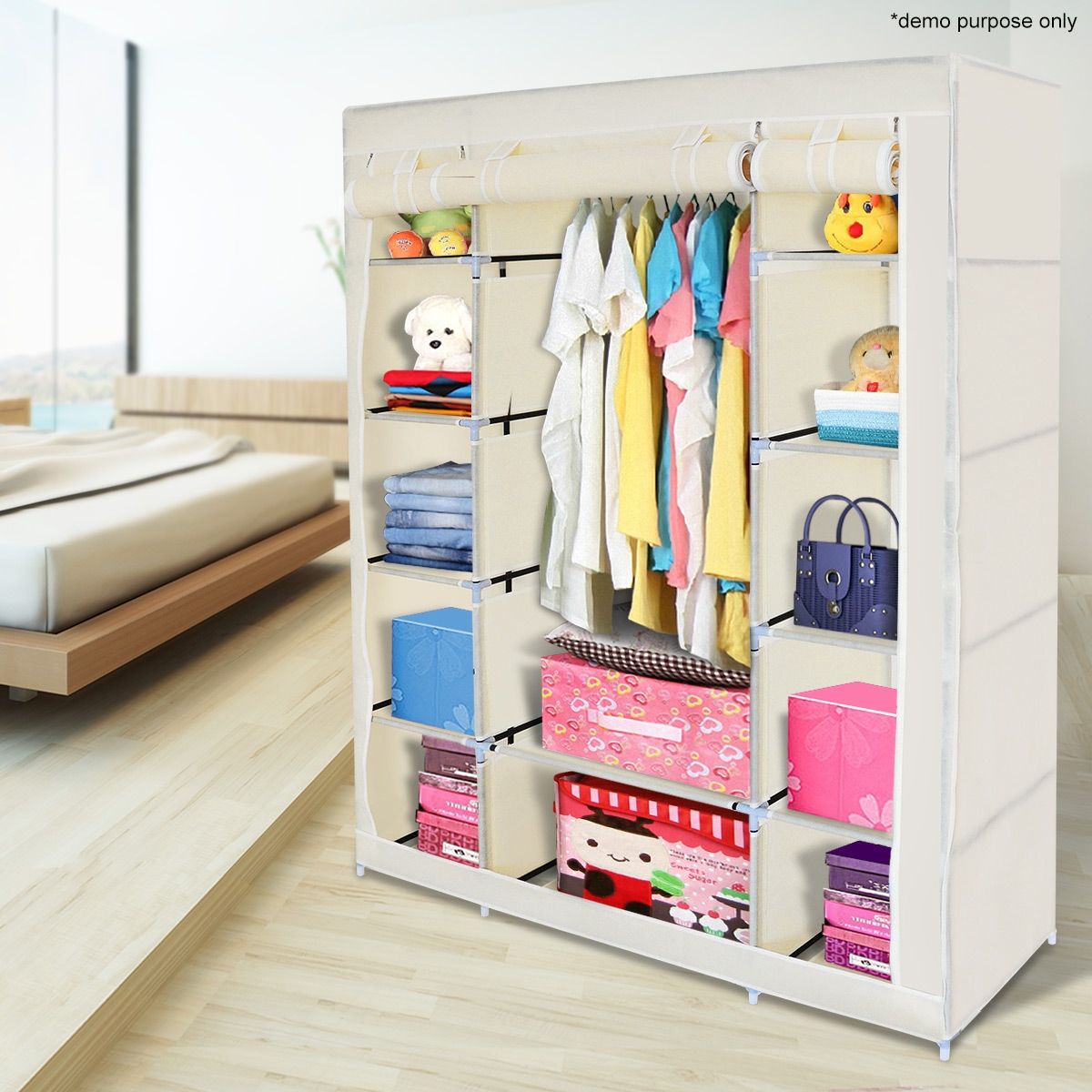 Beige 5-Level Non-Woven Cloth Storage Wardrobe