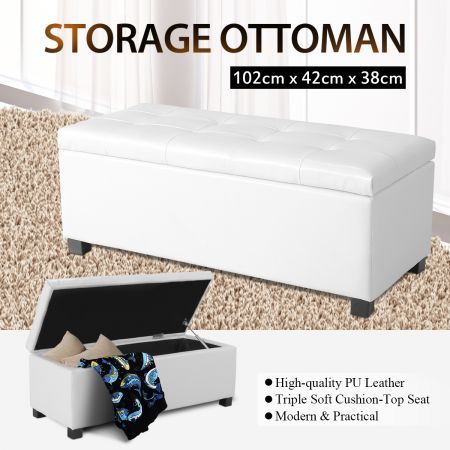 White PU Rectangular Storage Ottoman | Crazy Sales
