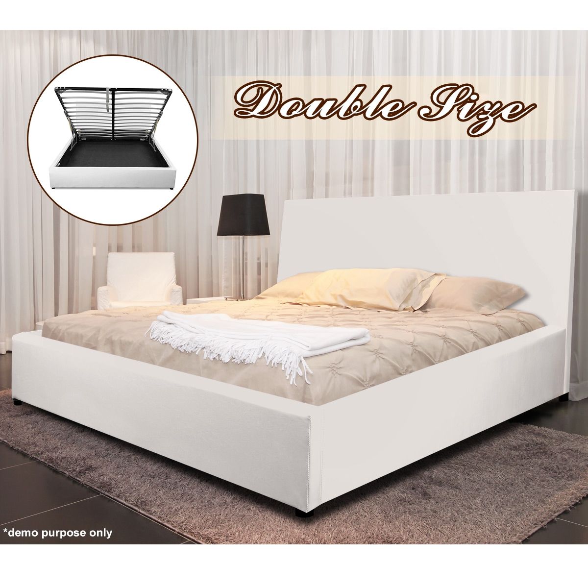 White Gas Lift Storage Bed Double