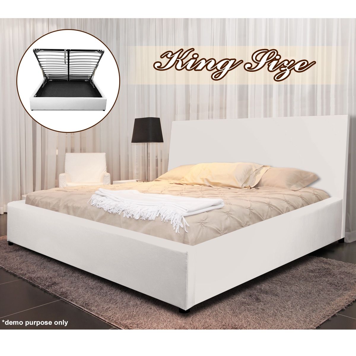 White Gas Lift Storage Bed King