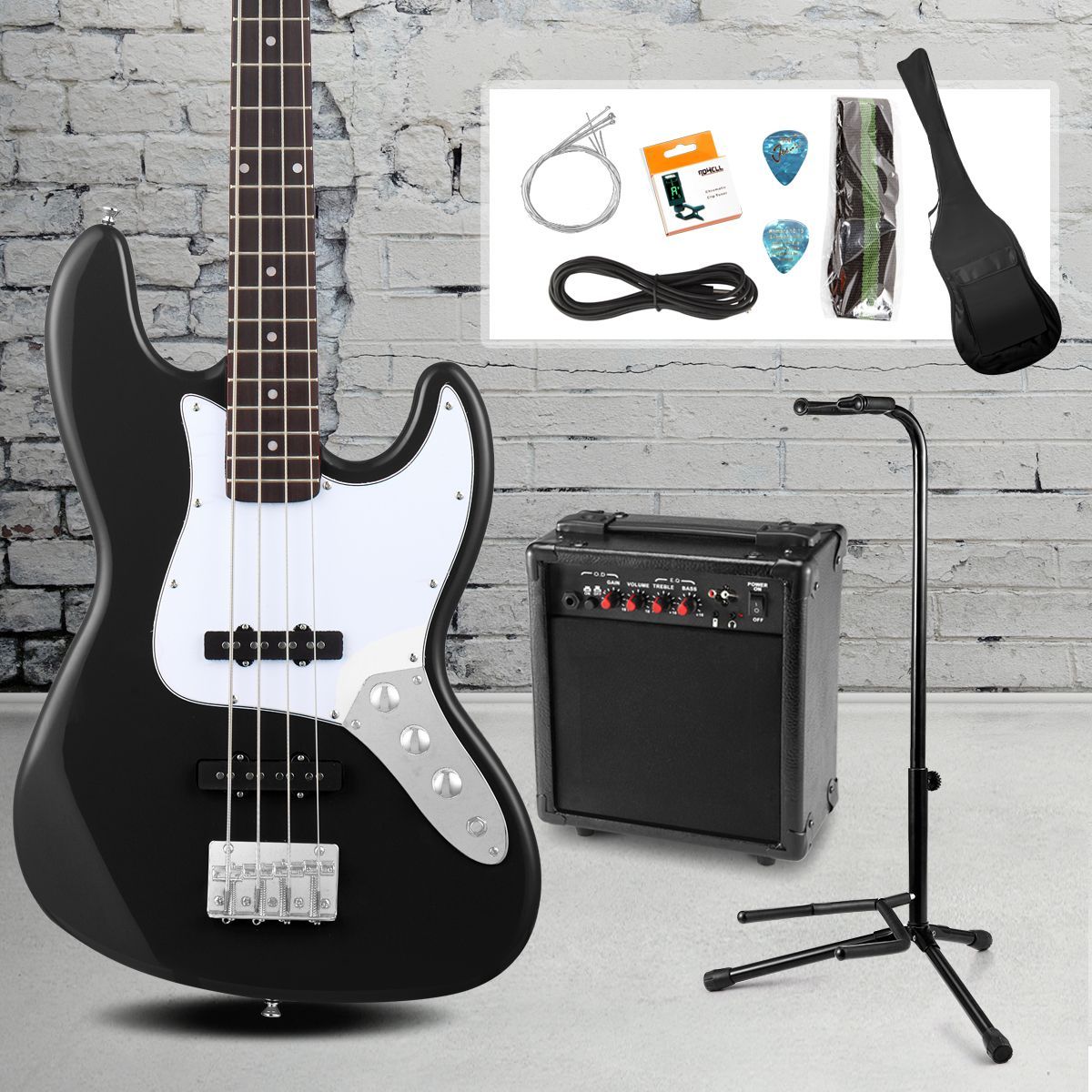 Full Size Bass Guitar Pack with Amplifier & Stand (Black)