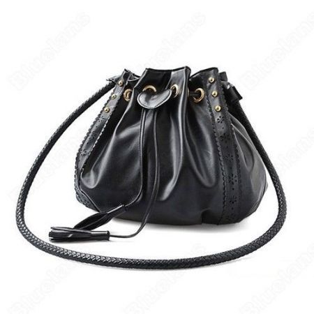 Women Bucket Tassels Handbag Messenger Flower Shoulder Bag Black
