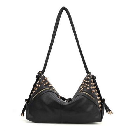Womens Hobo Studded Rivet Tote Messenger Handbag Shoulder Bag Black